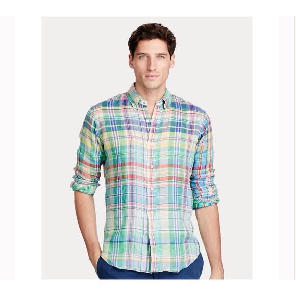 Ralph Lauren Multicolor Checkered Ocean Wash Linen Slim Fit Shirt Mens Large EUC - Picture 1 of 10